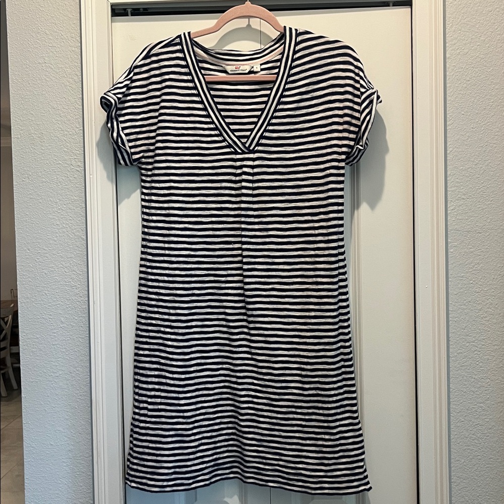 Vineyard Vines Stripe Knit V-Neck Tee Shirt Dress Sz S Blue Nautical Cotton
